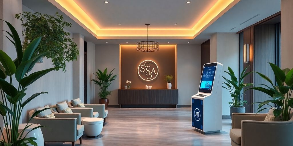 AI receptionist kiosk in a serene spa setting.