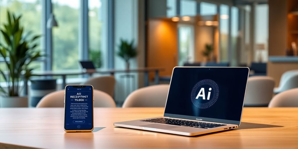 Modern office with AI receptionist interface and technology.