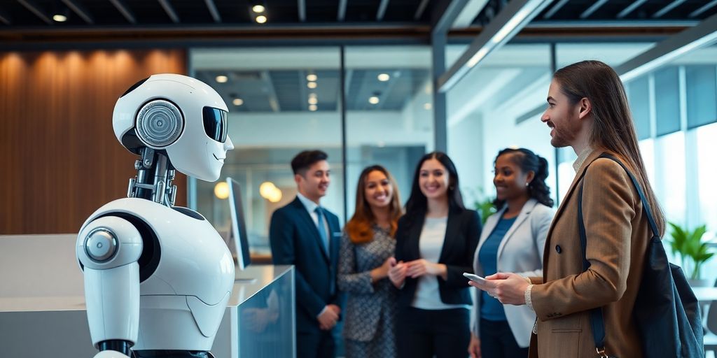 AI receptionist interacting with clients in a modern office.