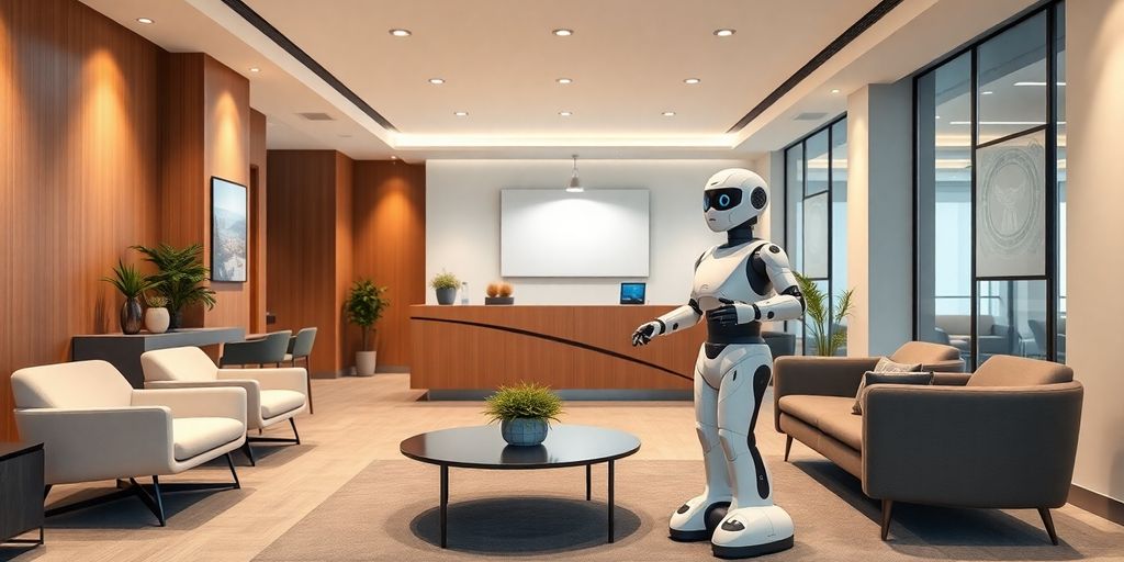 AI robot receptionist in a contemporary office setting.