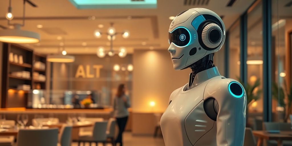 Futuristic AI receptionist in a restaurant setting.
