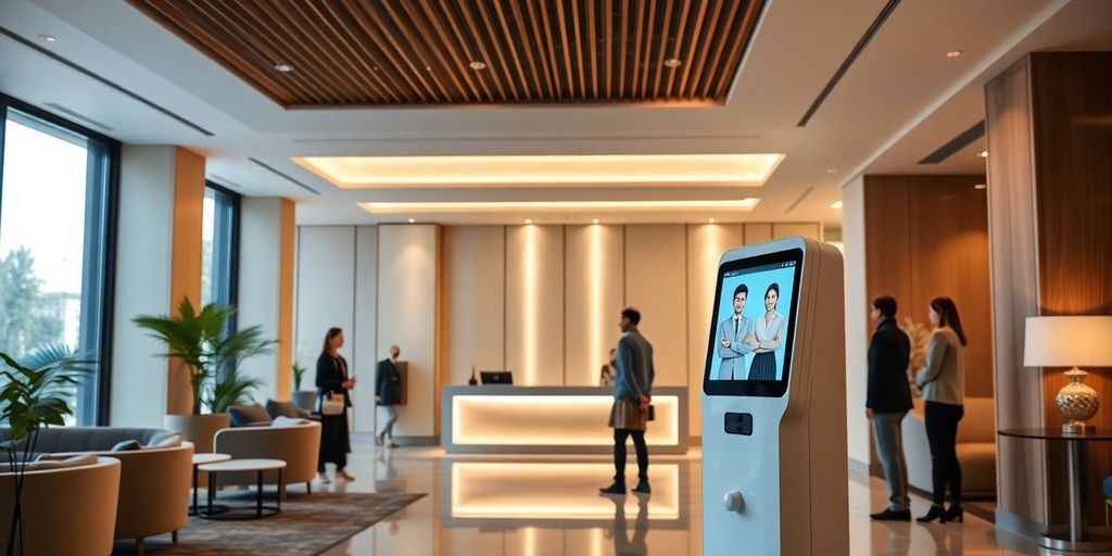 AI receptionist in a modern hotel lobby.