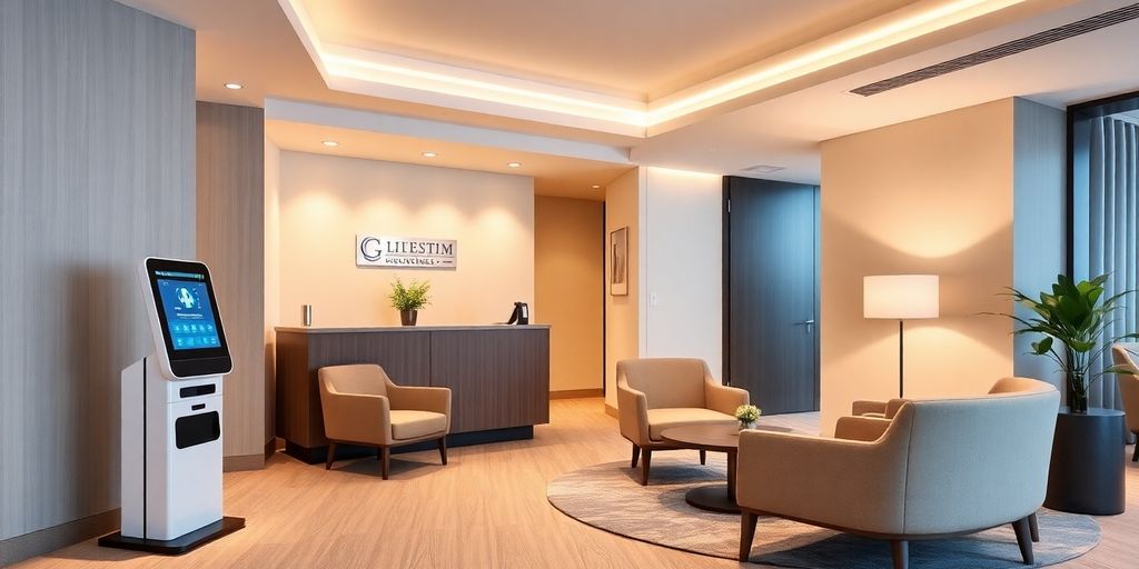 AI kiosk in a modern hotel reception area.