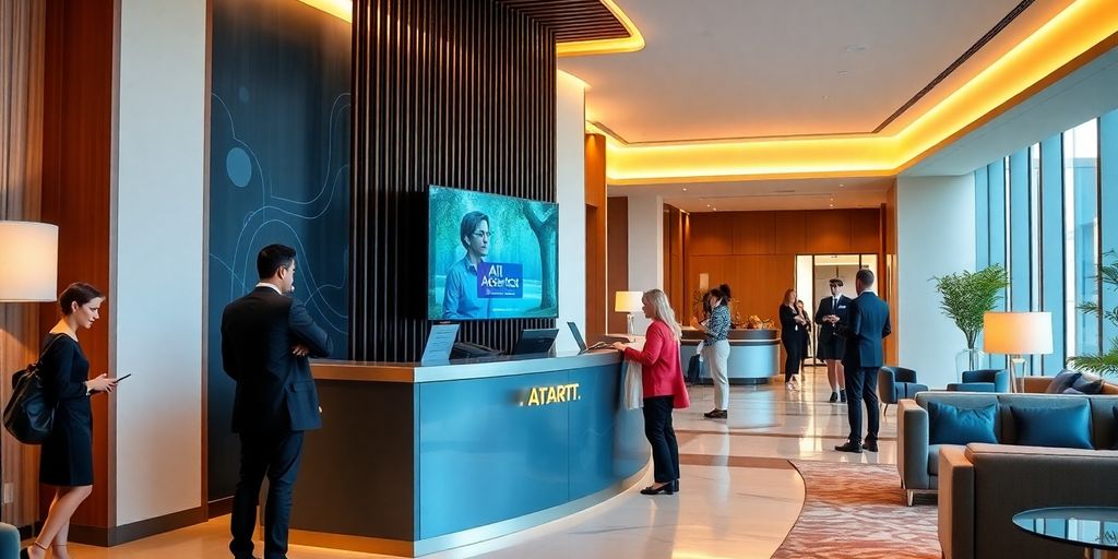 Modern hotel lobby with AI receptionist and guests.