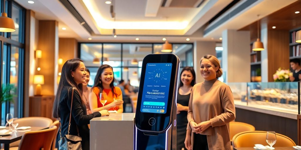 AI receptionist in a modern restaurant welcoming customers.