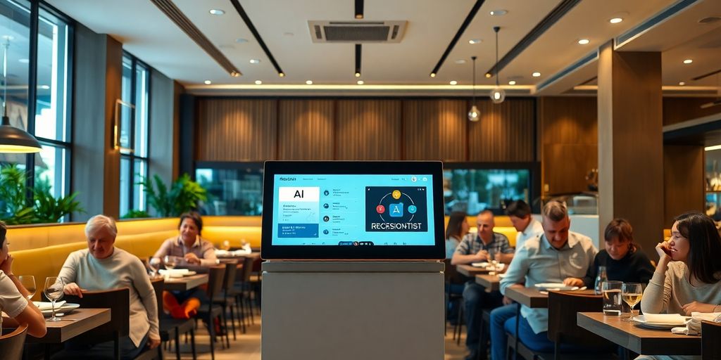 Modern restaurant with AI receptionist and diners.
