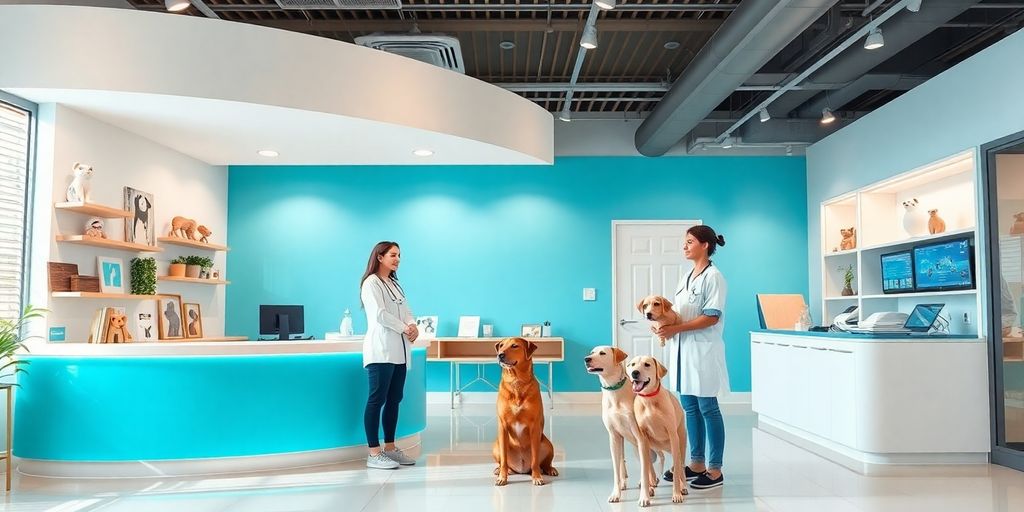 Veterinary clinic with AI receptionist and happy pet owners.