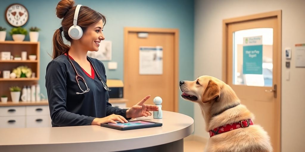 AI receptionist assisting a pet owner in a clinic.