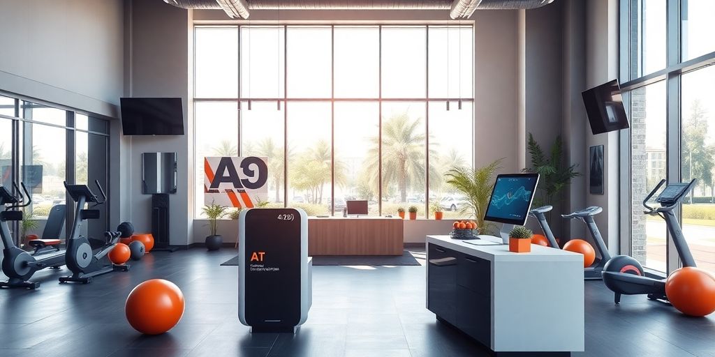 AI receptionist at a fitness center reception area.