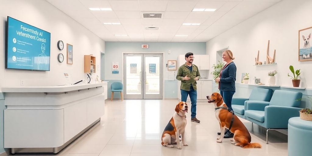 AI receptionist in a veterinary clinic with a dog.