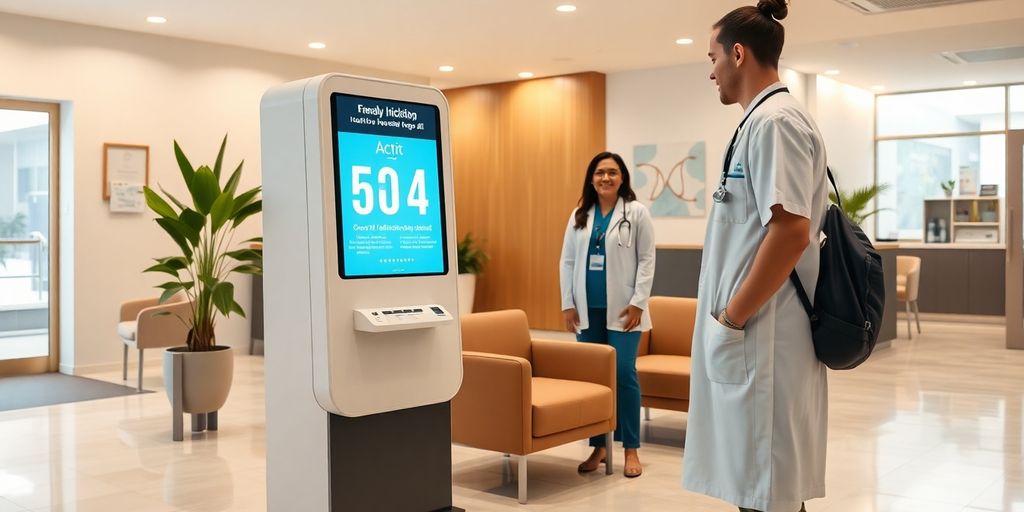 AI kiosk in a healthcare reception area.