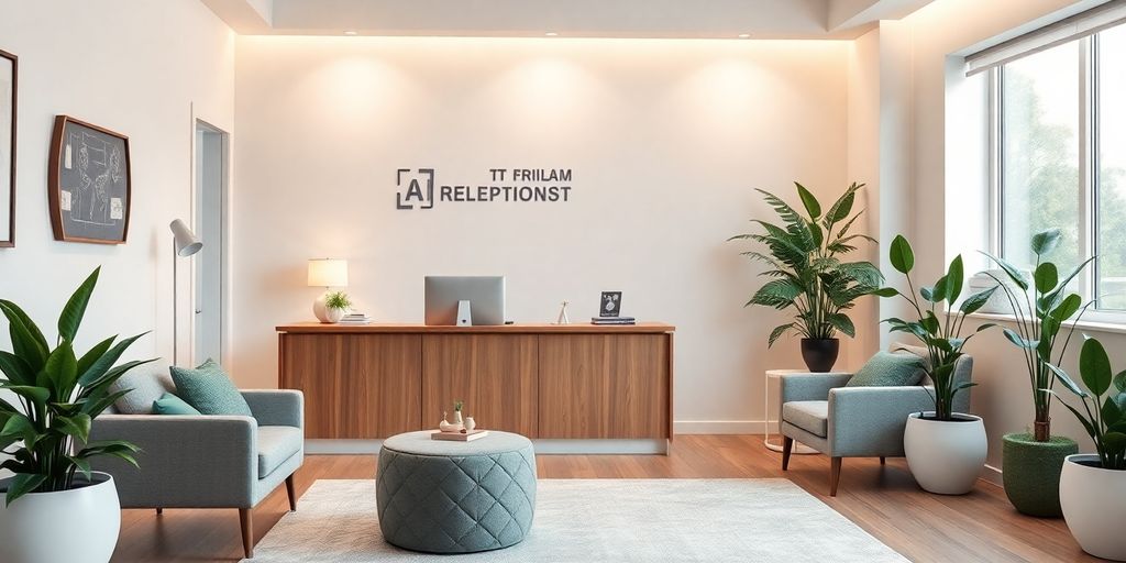 Digital AI receptionist in a modern therapy office.