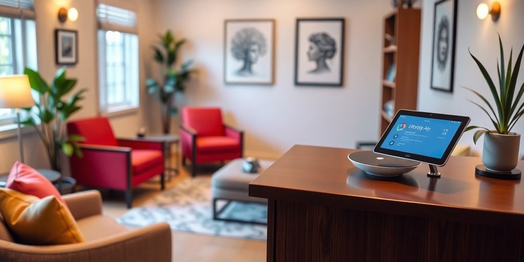 AI device in a cozy therapy office reception area.
