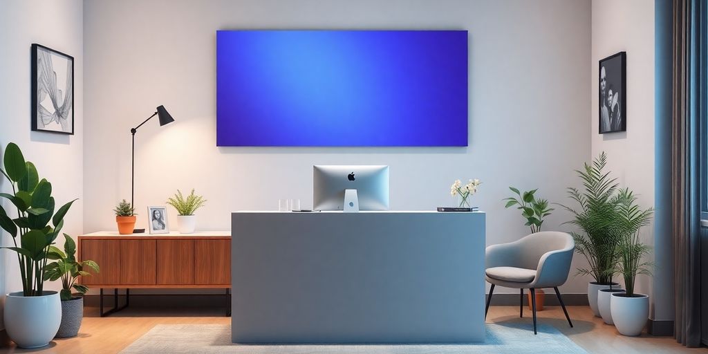 AI receptionist in a serene therapy office setting.