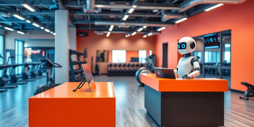 AI robot receptionist in a gym setting.