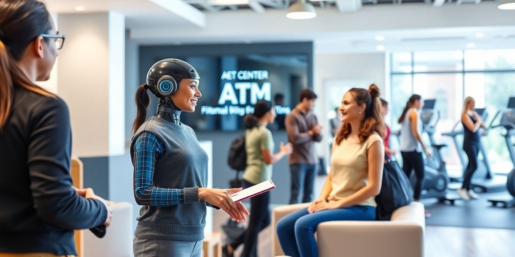 AI receptionist assisting gym members in a fitness center.