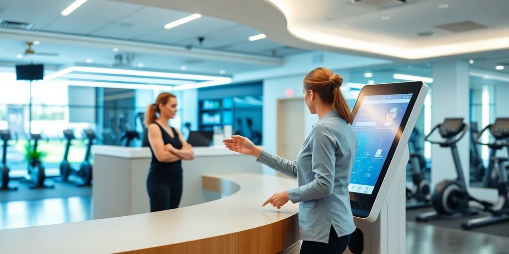 AI kiosk at fitness center reception desk.