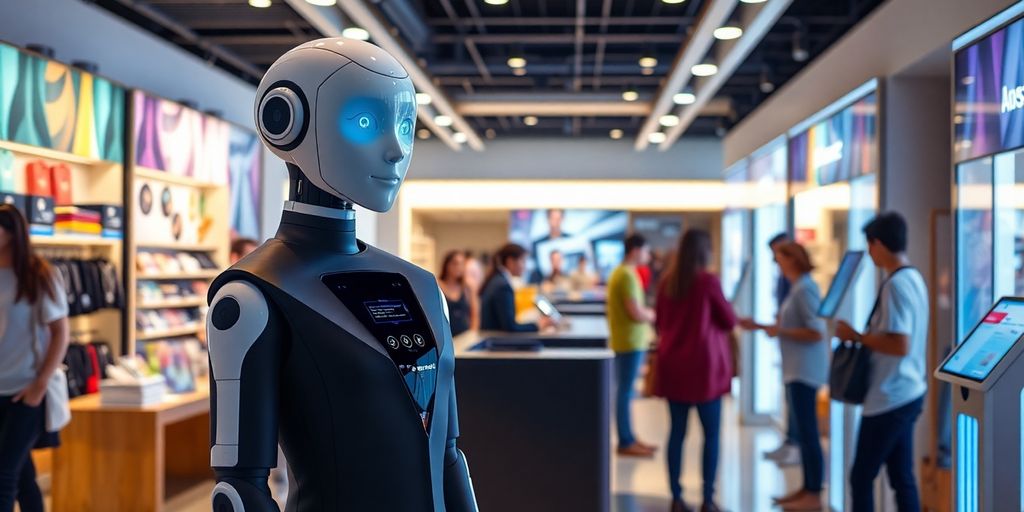 AI receptionist in a modern retail store setting.