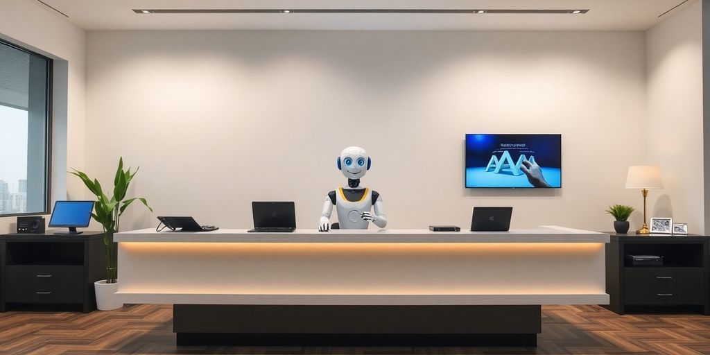 Modern AI receptionist in a sleek office environment.
