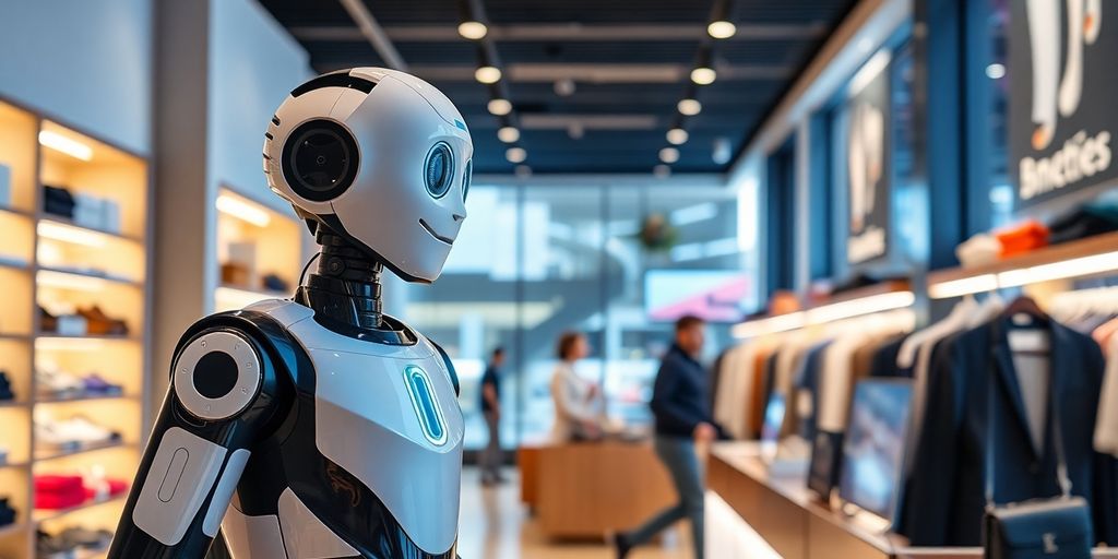 AI robot receptionist in a retail store setting.