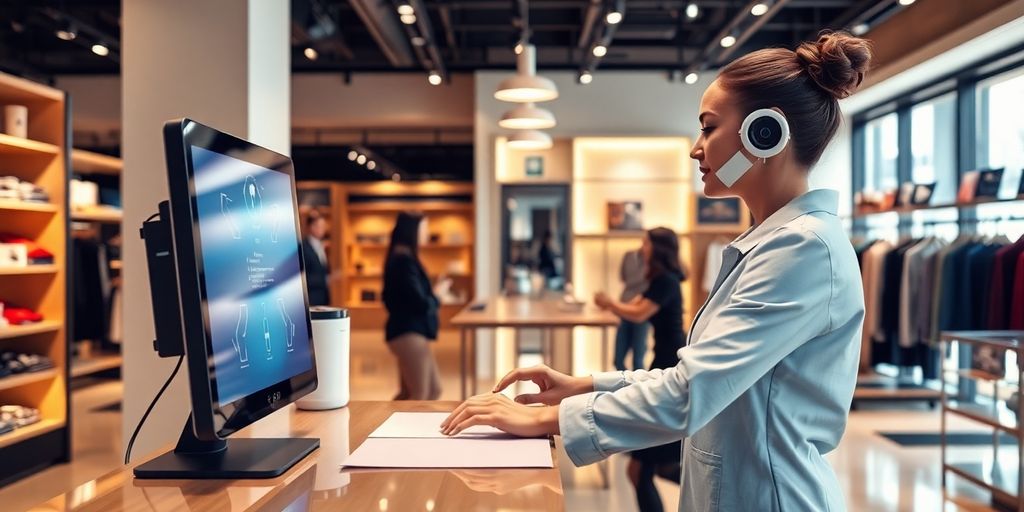 AI receptionist assisting customers in a retail store.