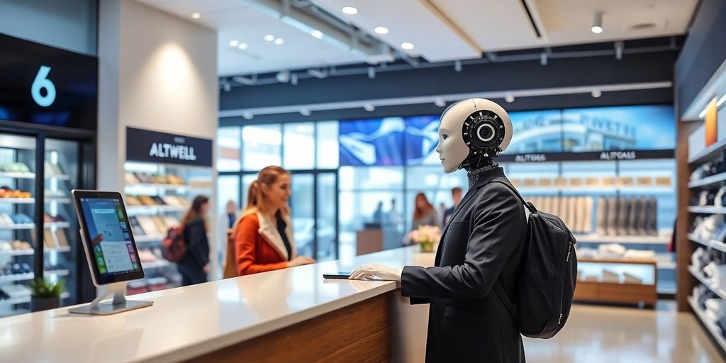 AI receptionist interacting with customers in a retail setting.
