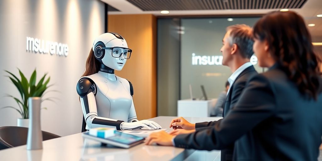 AI receptionist in a modern insurance office setting.