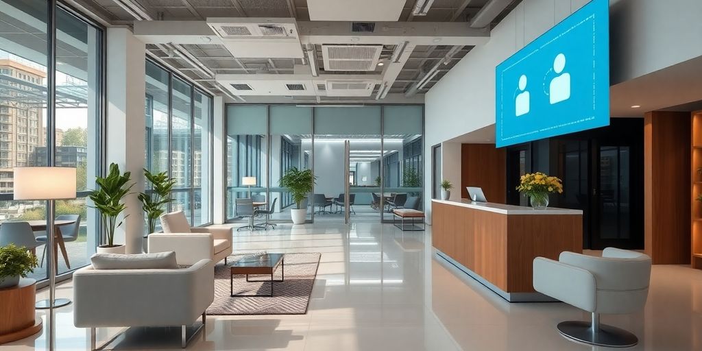 Modern AI receptionist in a professional office setting.