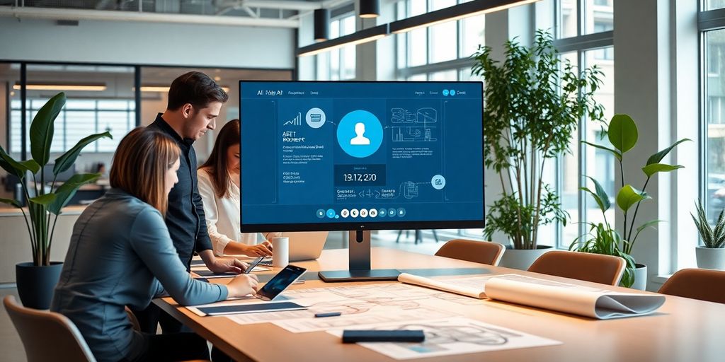 Architects collaborating with AI tools in a bright office.