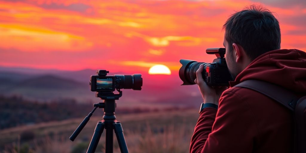 Photographer capturing a landscape at sunset.