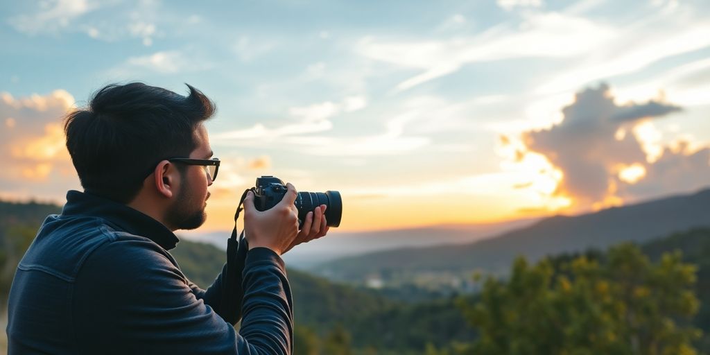 Photographer capturing a sunset landscape with a camera.