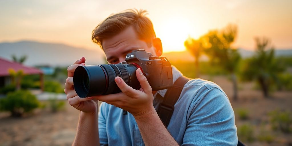 Photographer capturing photos during sunset with a digital camera.