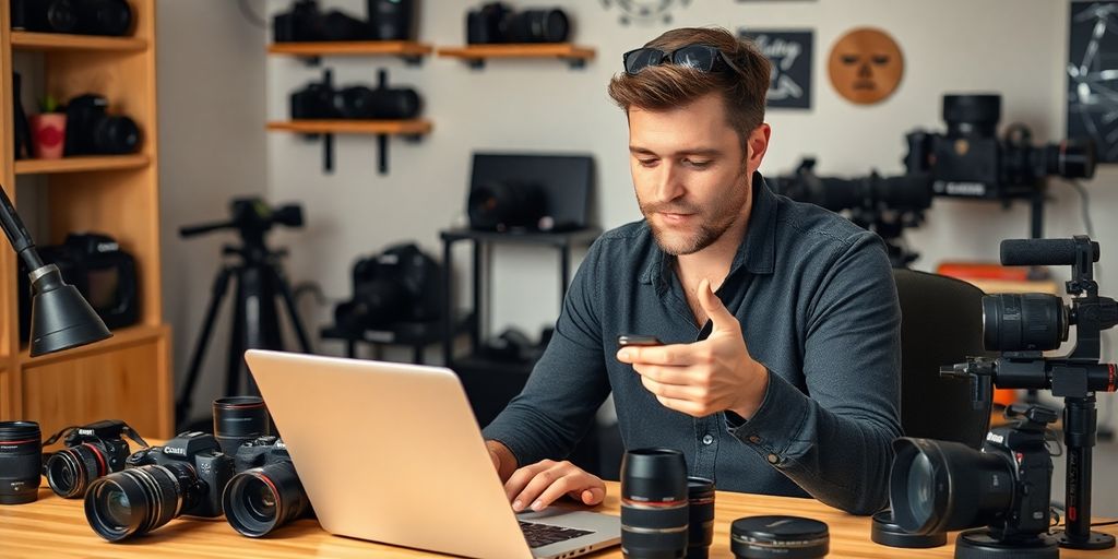 Photographer analyzing AI tools in a creative workspace.