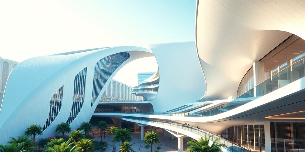Futuristic architecture with AI elements in urban setting.