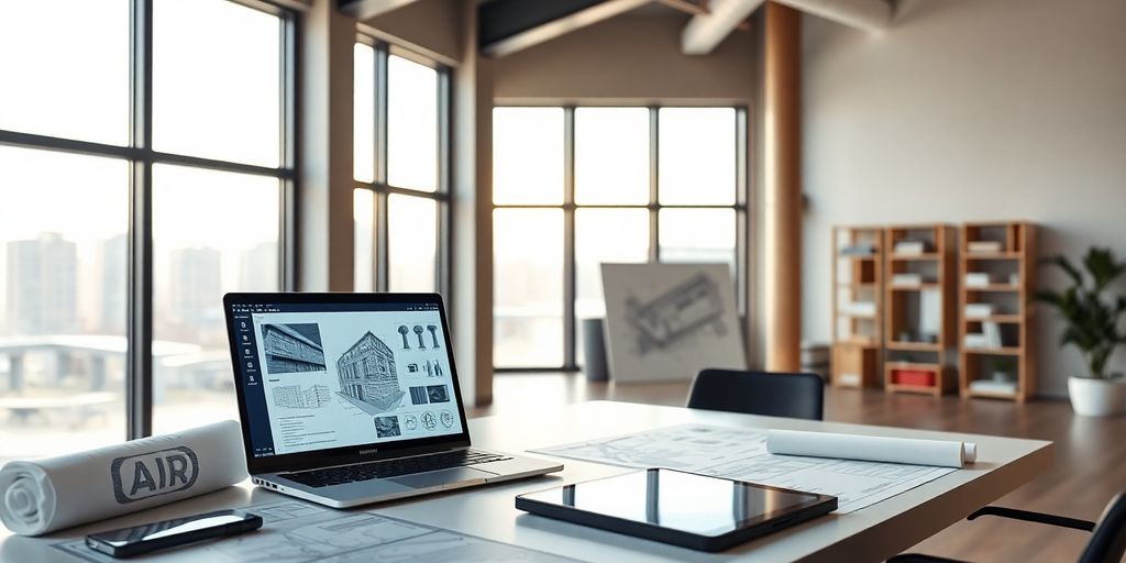 Modern architectural workspace with AI design tools.