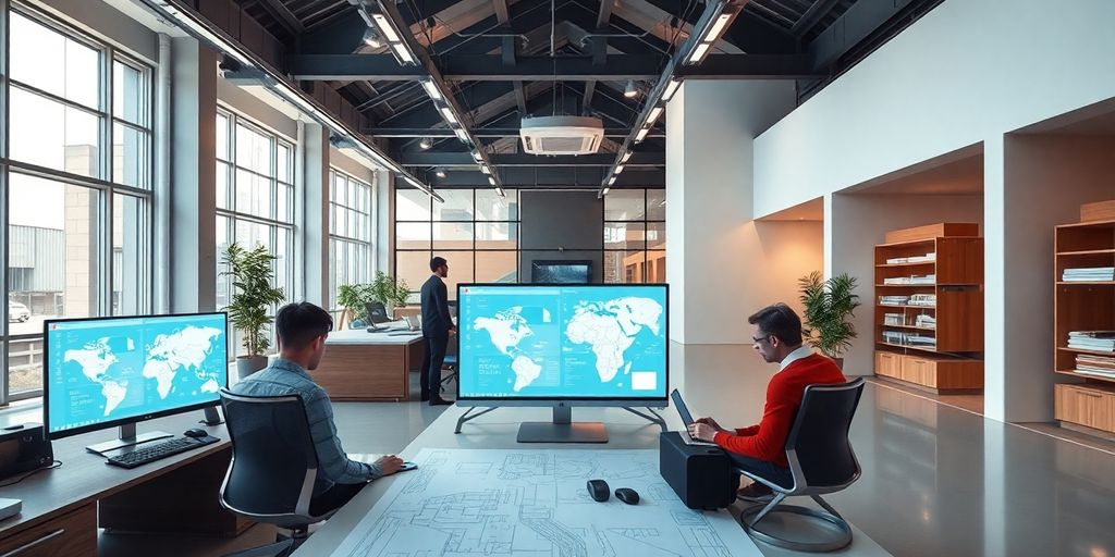 Architectural workspace with AI tools and technology.