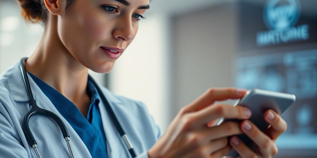 Healthcare provider using digital technology in a clinical setting.