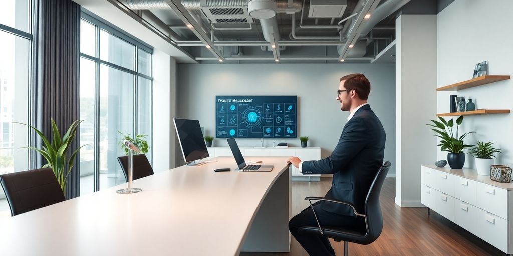 Modern property management office with AI technology in use.