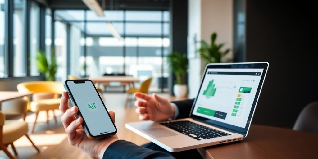 Property manager using AI technology in a modern office.