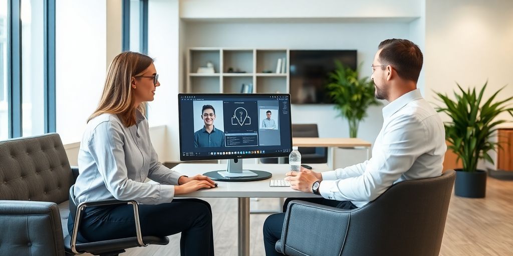 Property manager using AI technology in a modern office.