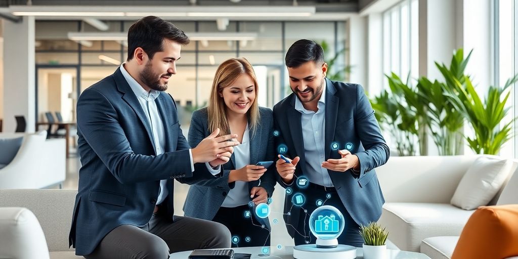 Office professionals discussing property management AI solutions.