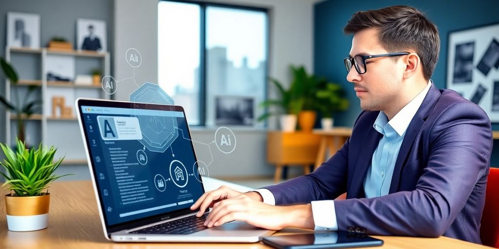 Property manager using AI technology in an office setting.