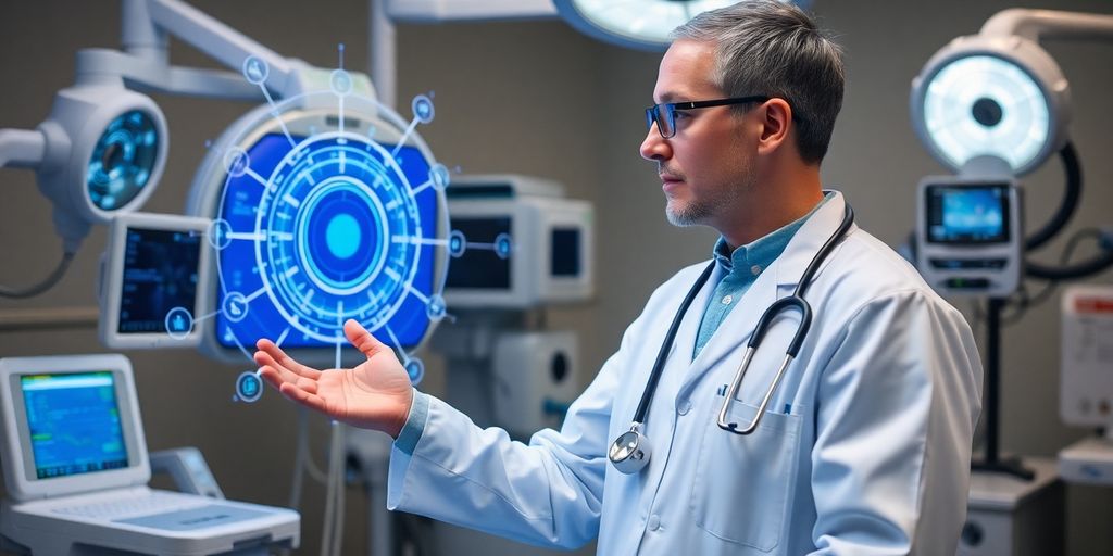 Healthcare provider using AI technology in a clinical setting.