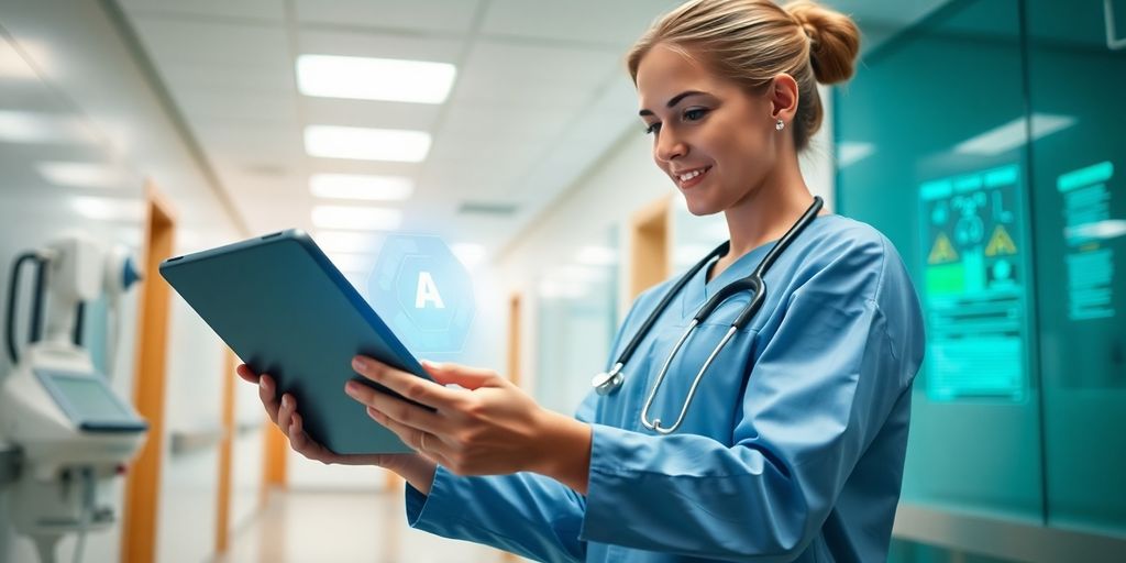 Healthcare provider interacting with AI technology on tablet.
