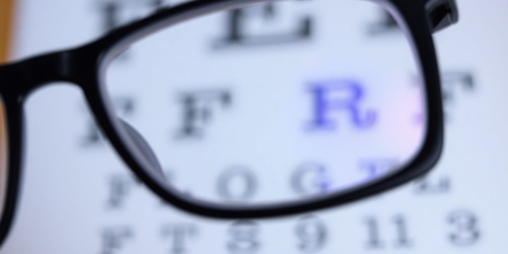 Close-up of glasses against an eye chart background.