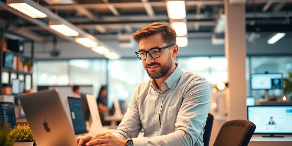 Small business owner working with AI assistant in office.