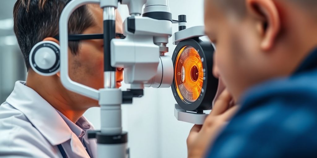 Close-up of an eye exam using advanced AI technology.