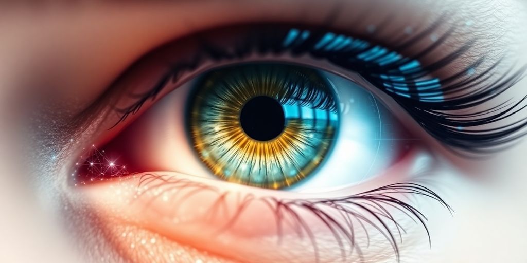 Close-up of an eye with digital AI overlays.