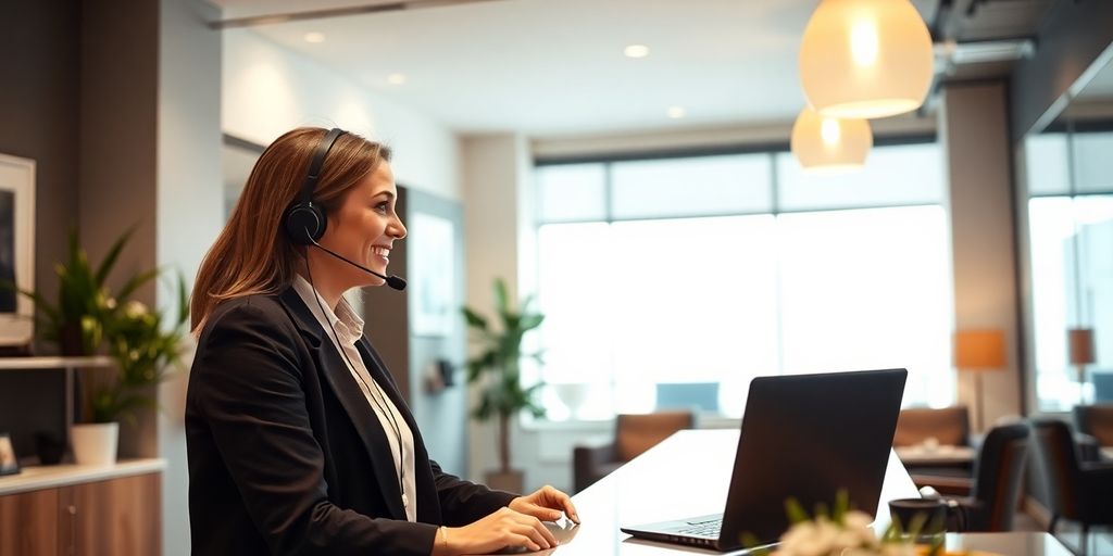Receptionist assisting customer with AI answering service.
