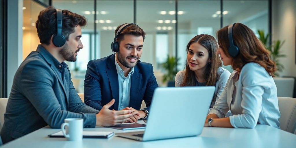 Small business team discussing AI answering services in office.